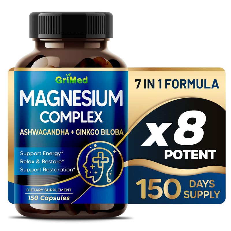 Magnesium Complex 8,600mg - x8 Power with Ashwagandha Ginkgo Biloba - Relax Restore, Restful Sleep - USA Made Tested (150 Count (Pack of 1))
