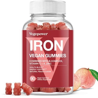 Vegan Iron Gummies Supplement - with Vitamin C, A, B-Complex, Folate, Zinc for Adults Kids - Health Blood Energy Support for Iron Deficiency, Anemia, No After Taste - Peach Flavor (90 Ct)