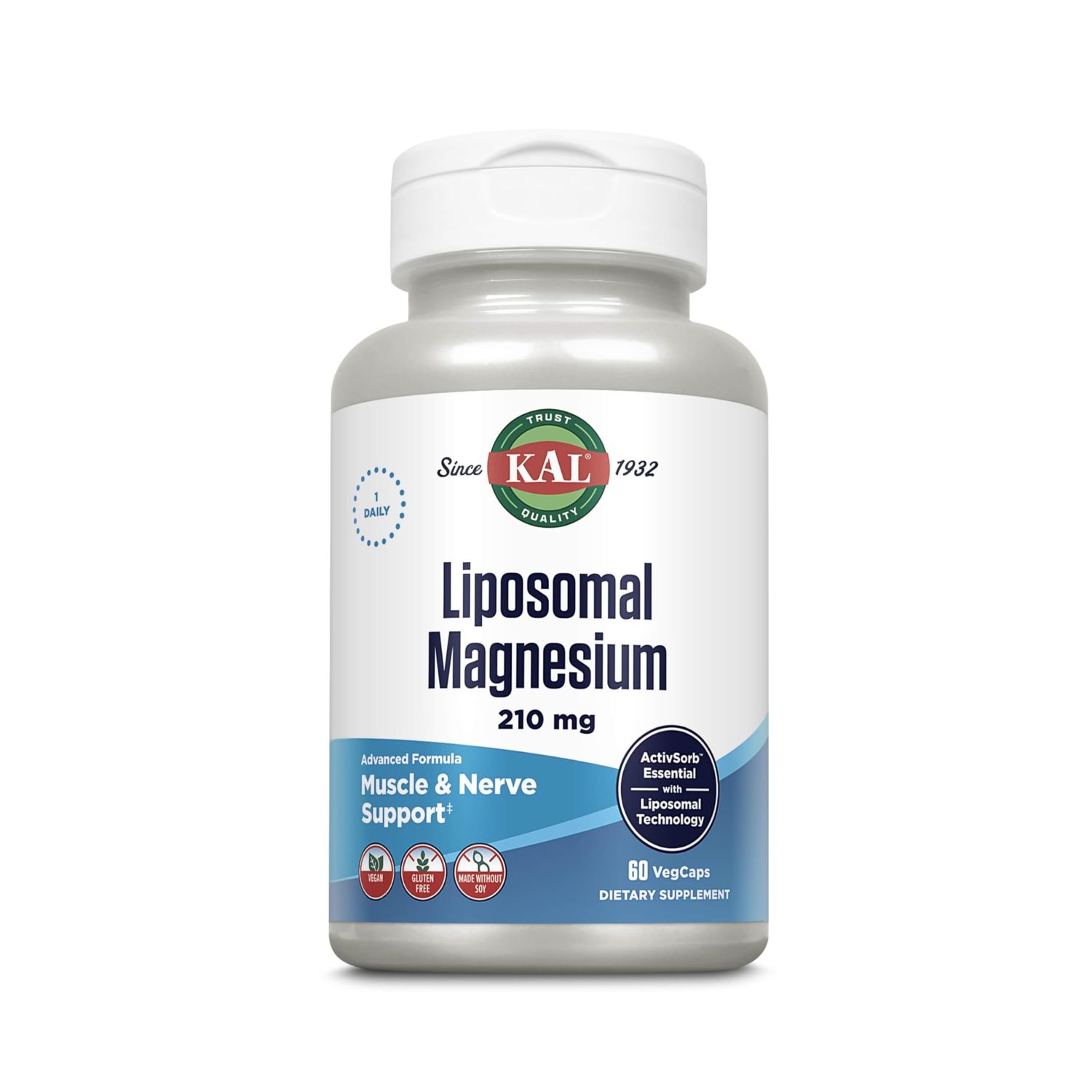 KAL Liposomal Magnesium Oxide 210 mg High Absorption, Liposomal Technology, Essentials Muscle Support, Advanced Formula, Vegan Capsules, Gluten Free, No Soy, 60 Servings