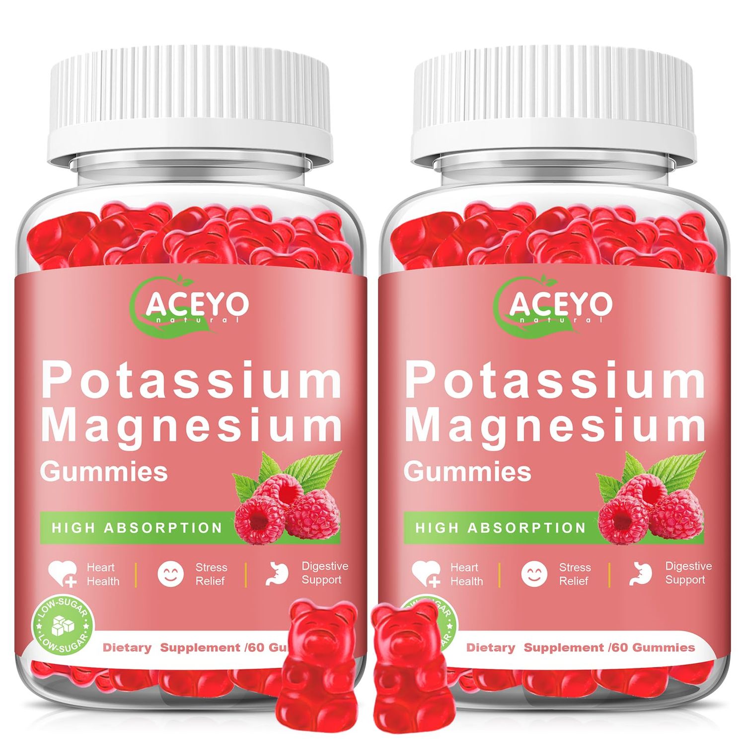 2 Pack Potassium Magnesium Gummies for Adult Kids High Absorption Leg Cramps Muscle Heart Health Immune Health Raspberry Magnesium Gummies Chewable Gummy Supplement Vegan Non-GMO