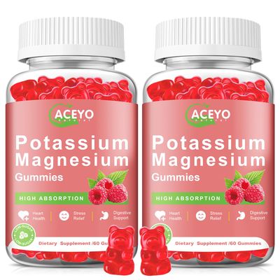 2 Pack Potassium Magnesium Gummies for Adult Kids High Absorption Leg Cramps Muscle Heart Health Immune Health Raspberry Magnesium Gummies Chewable Gummy Supplement Vegan Non-GMO
