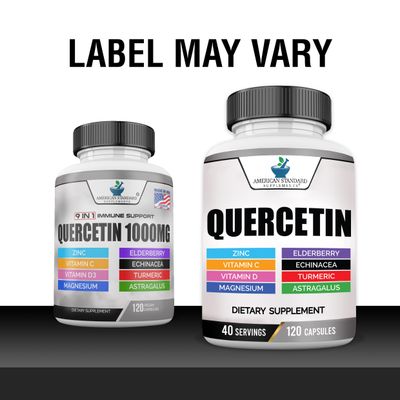 American Standard Supplements Quercetin 1000mg Per Serving with Zinc, Vitamin C, Vitamin D3, Magnesium, Elderberry, Echinacea, Turmeric, Astragalus - Gluten Free, Non-GMO, 120 Capsules, 40 Servings