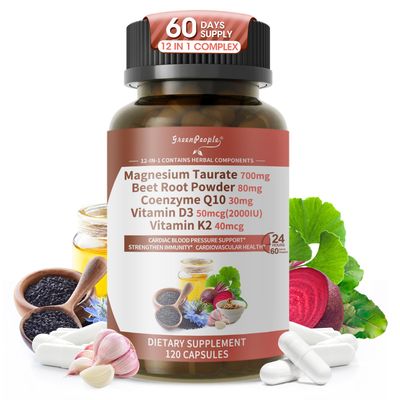 Magnesium Taurate Capsules, 12-in-1 Complex - Beet Root, CoQ10, Resveratrol for Heart Support, Immue Support, High Absorption Magnesium Taurate Complex Supplement for Men and Women, 120 Capsules