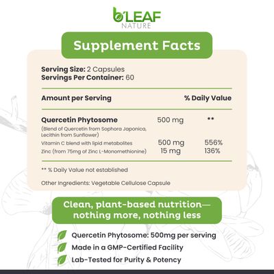B'LEAF NATURE Quercetin Phytosome Blend, 120 Count, 1000mg - High Absorption Vegetarian Capsules with Vitamin C and Zinc - Non-GMO Supplement for Allergy Relief, Immune, Brain and Energy Support