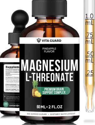 Vita Guard Magnesium L-Threonate Liquid Drops - 500mg High-Absorption Brain Support, Pineapple Flavor, 60ML Vegan, Gluten-Free, Non-GMO