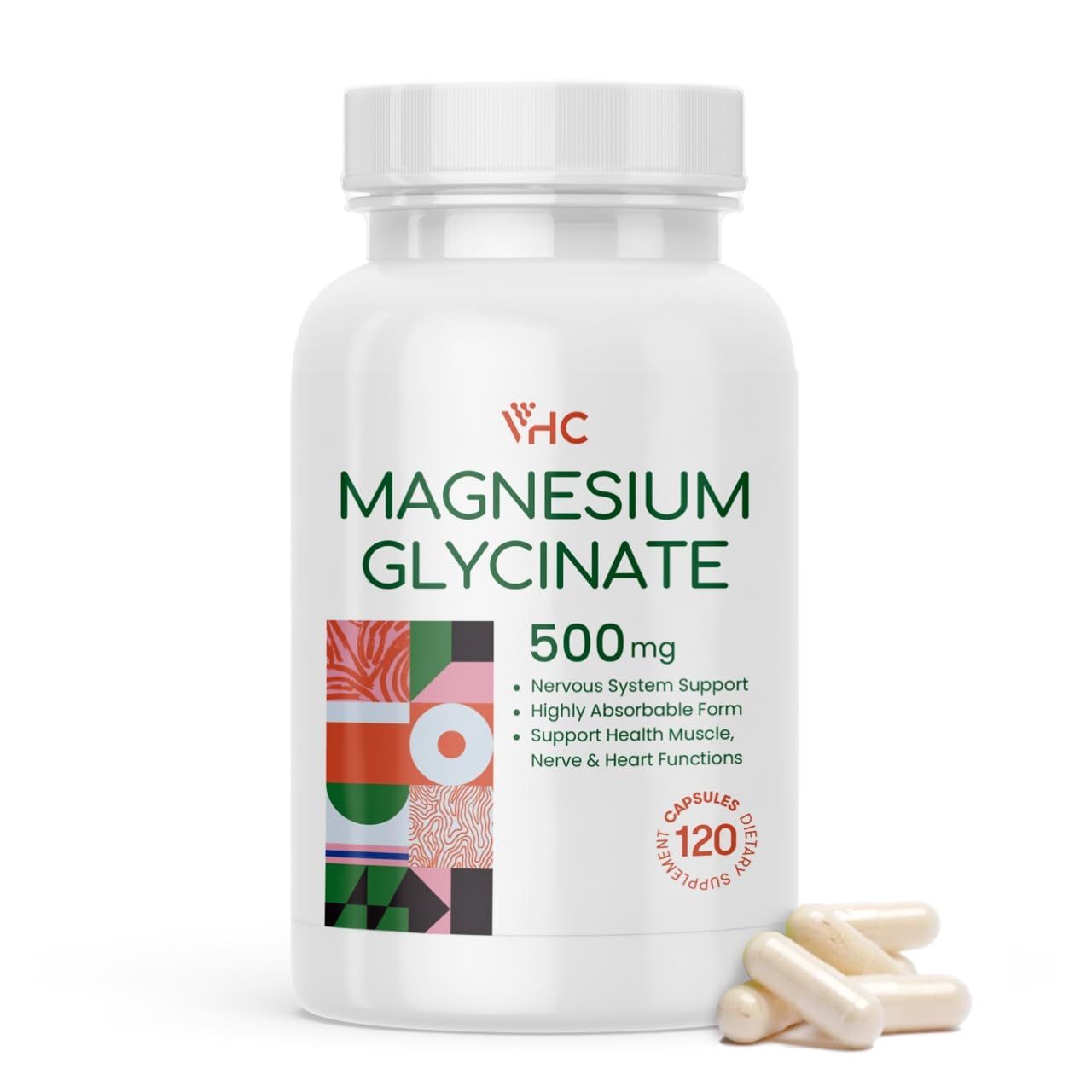 VHC Magnesium Glycinate 500mg Supplement Capsules, High Absorption- Gentle Form,Highly Purified Magnesium Mineral Supplements for Women Men, 120 Caps, Made in USA