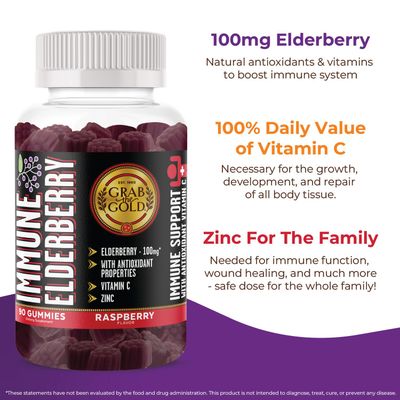 Grab The Gold Immune Elderberry Gummies with Vitamin C and Zinc (1 Bottle 45 Day Supply) Gluten Free, Vegetarian Friendly