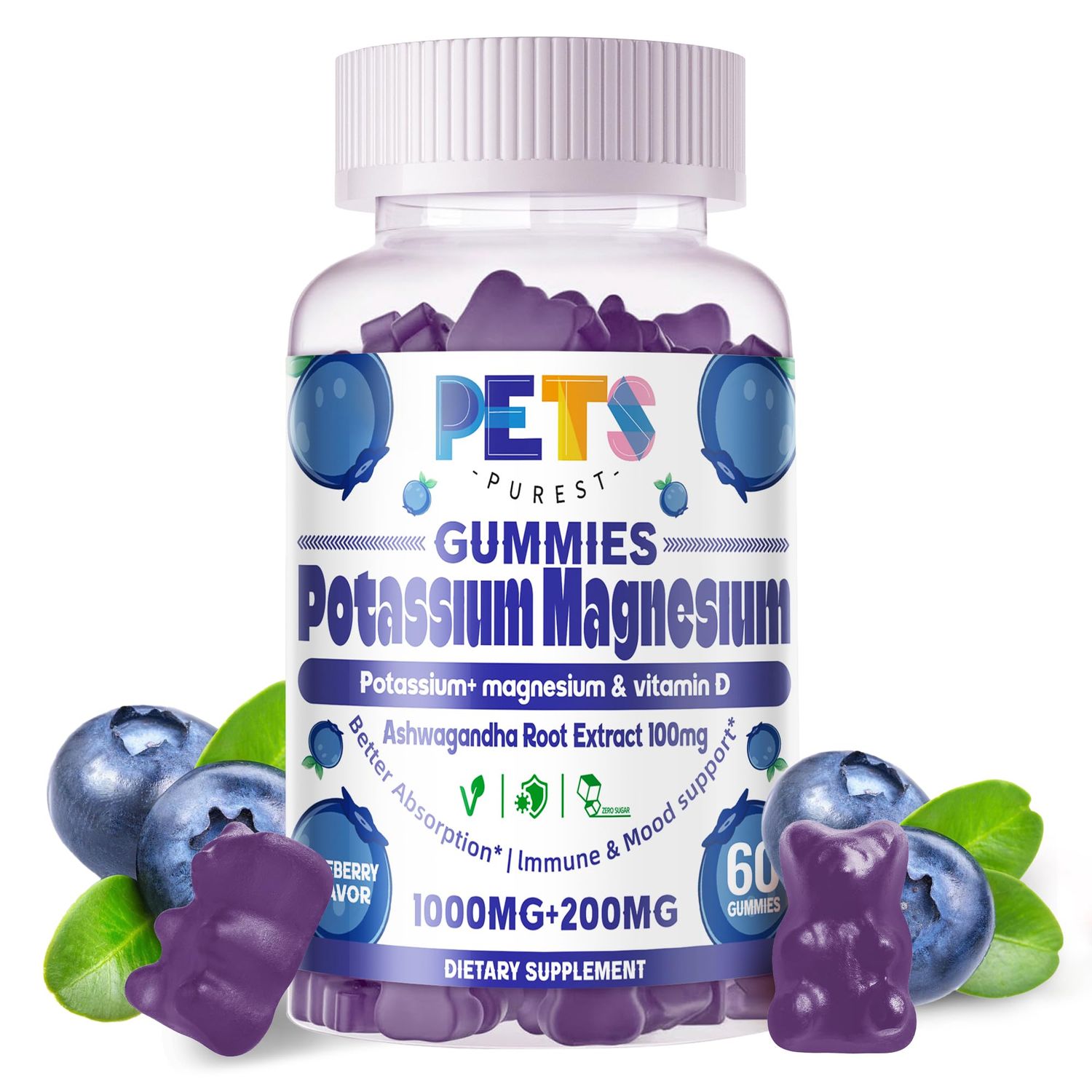 Potassium Magnesium Gummies - High Absorption Magnesium Glycinate Potassium Citrate Plus Omega 3, B6, D3, K2 Calcium - Chewable Gummy for Leg Cramps, Immunity Energy-Blueberry 60 Gummies
