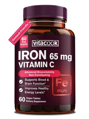 Vitacook Iron Supplement for Women Men, High Potency Iron 65mg with Vitamin C 250mg, Slow Release Stomach Friendly Iron Pills for Red Blood Cell Immune Support, Non-GMO, Gluten Free, 60 Vegan Tabs