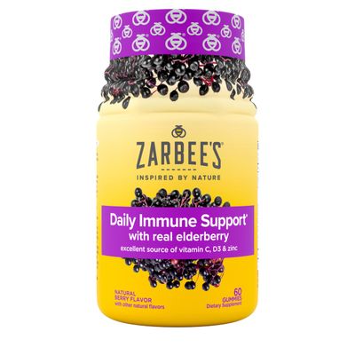 Zarbee&#39;s Elderberry Gummy Daily Immune Support Supplement with Vitamins A, C, D, E Zinc, Black Elderberry Fruit Extract, Natural Berry Flavor, 60 Count