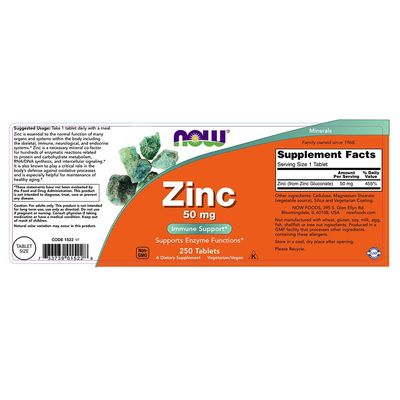 NOW Zinc Gluconate, 50 mg, 250 Tablets