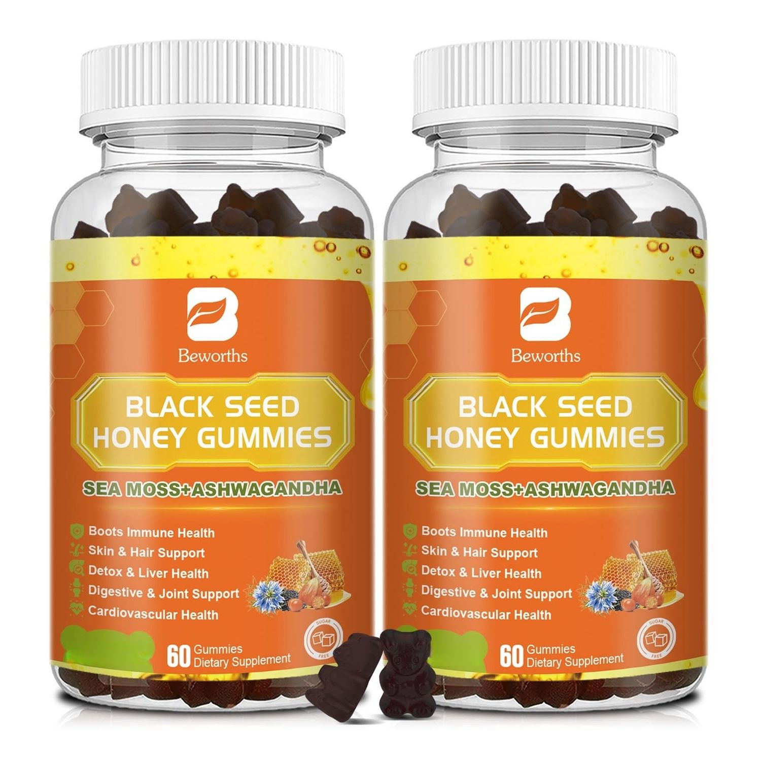(2 Pack) Black Seed Oil Sea Moss Gummies with Ashwagandha, Burdock Root, Linden Honey, Elderberry, Turmeric, Vitamin C, D3 Zinc - Supports Immunity, Joints, Digestion, Hair Skin, Vegan Gummies 120