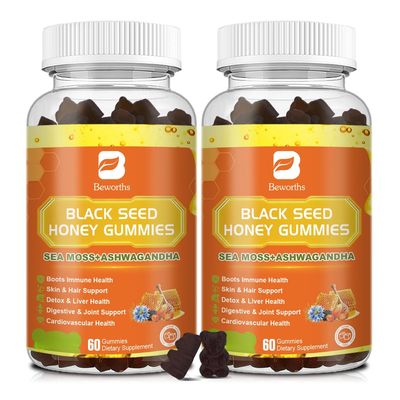 (2 Pack) Black Seed Oil Sea Moss Gummies with Ashwagandha, Burdock Root, Linden Honey, Elderberry, Turmeric, Vitamin C, D3 Zinc - Supports Immunity, Joints, Digestion, Hair Skin, Vegan Gummies 120
