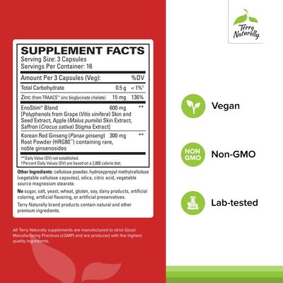Terry Naturally HRG80 Red Ginseng Male Power - Blood Circulation Endurance Support Supplement - Dietary Supplement with Ginseng Zinc - Herbal Supplement for Energy Support - 48 Capsules