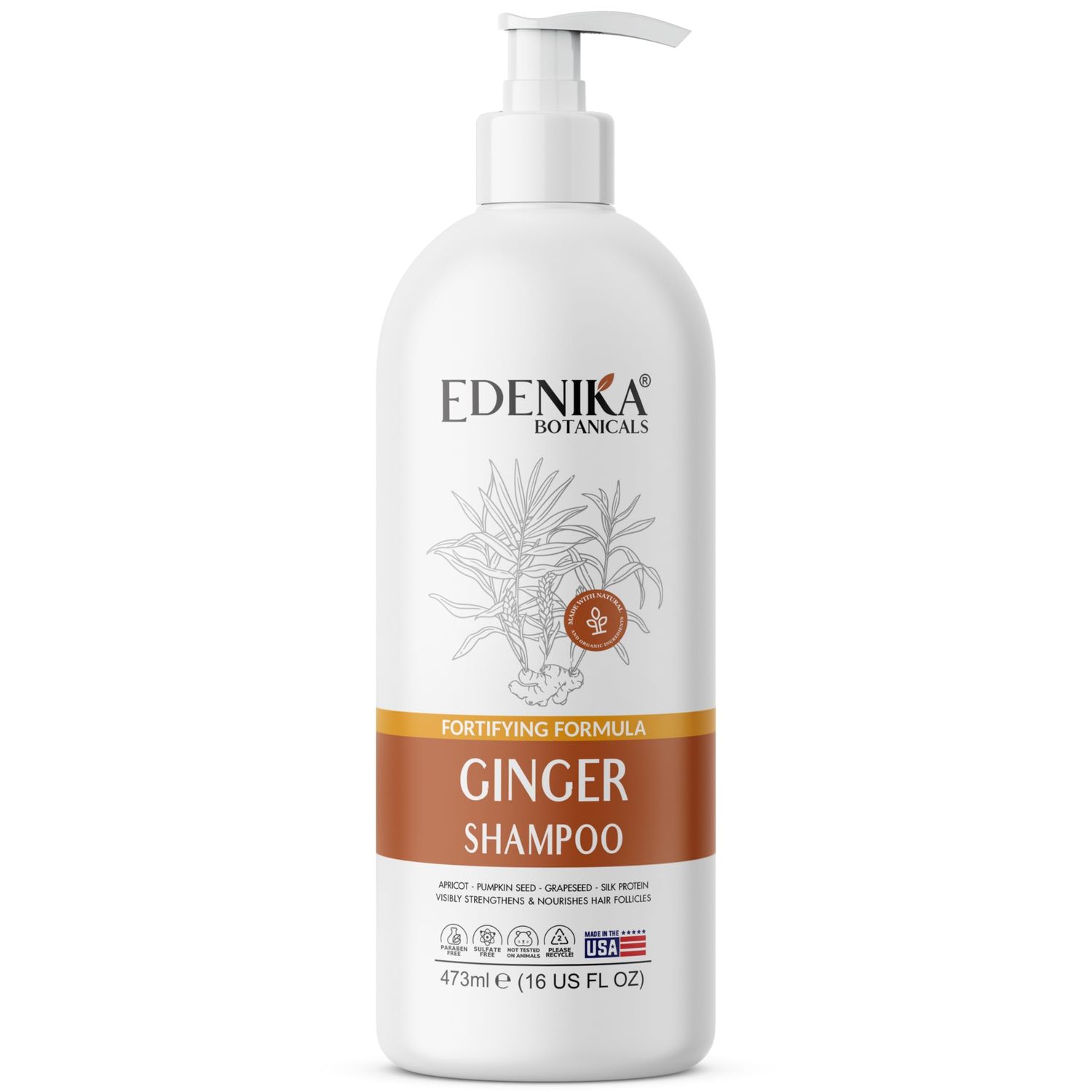 EDENIKA BOTANICALS Ginger Shampoo with Biotin, Fortifying Formula, Promoting Hair Regrowth, Strengthening Nourishing Scalp and Follicles, Restoring Softness and Shine, Paraben-Free, 16 fl oz