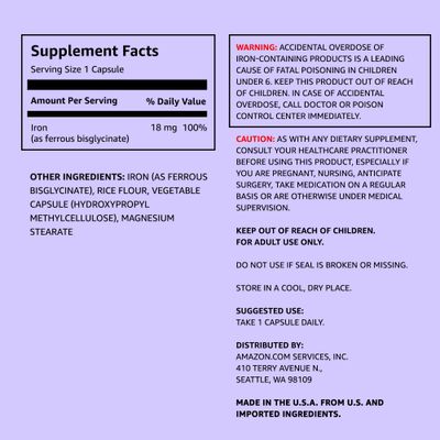 Amazon Elements Iron 18mg Capsules, Supports Red Blood Cell Production, Vegan, 195 Count, 6 month supply (Packaging may vary)