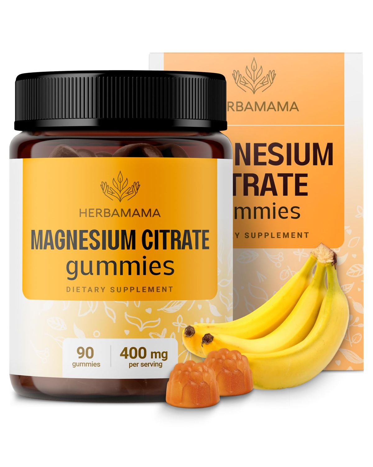 HERBAMAMA Calm Magnesium Gummies - 400mg Magnesium Citrate for Relaxation Support - Vegan, Non-GMO Calming Supplement for Adults - 90 Pectin-Based Banana-Flavored Chews