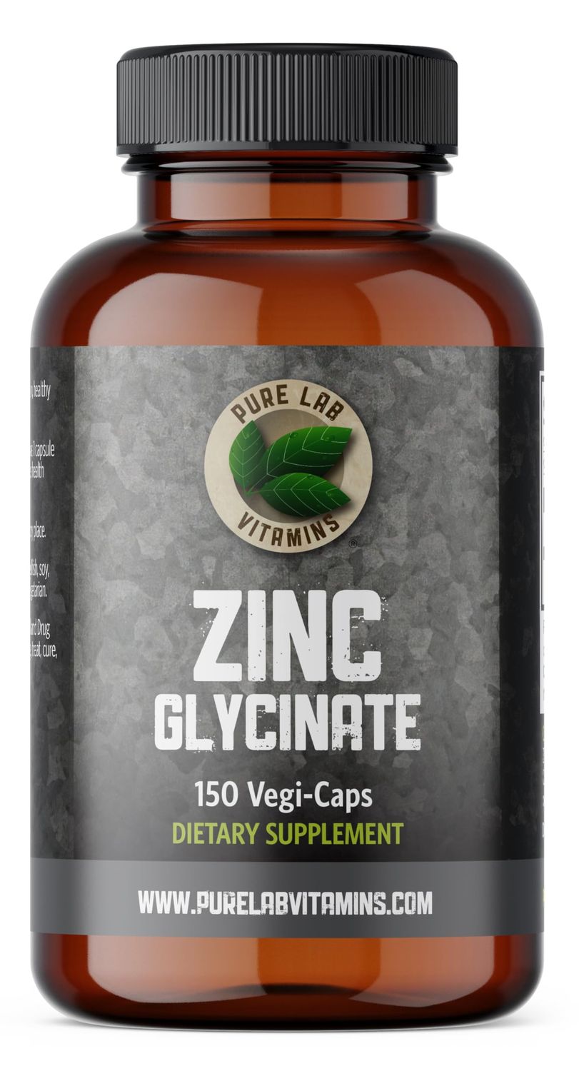 Zinc Glycinate 23 mg Supplement - 150 Vegan Caps by Pure Lab Vitamins - Amino Acid Salt for Healthy Skin Nails - Supports The Immune System, Prostate, Vision - Made in Canada