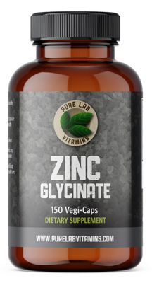 Zinc Glycinate 23 mg Supplement - 150 Vegan Caps by Pure Lab Vitamins - Amino Acid Salt for Healthy Skin Nails - Supports The Immune System, Prostate, Vision - Made in Canada