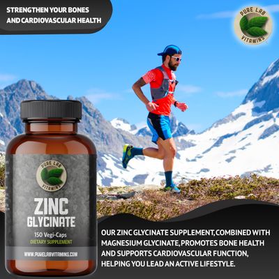 Zinc Glycinate 23 mg Supplement - 150 Vegan Caps by Pure Lab Vitamins - Amino Acid Salt for Healthy Skin Nails - Supports The Immune System, Prostate, Vision - Made in Canada