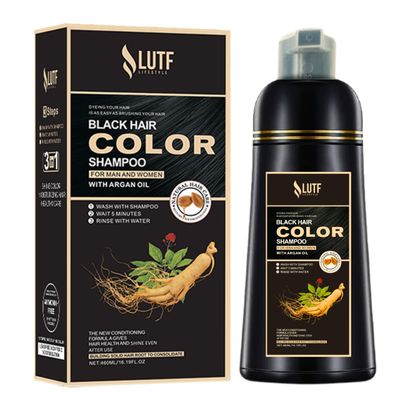 Lutf Lifestyle-Black Color hair Dye Shampoo, Instant hair dye, covers all Grays hairs No stains on skin and scalp, Vibrant shinny black hairs, both for women and Men, Organic Herbal long lasting