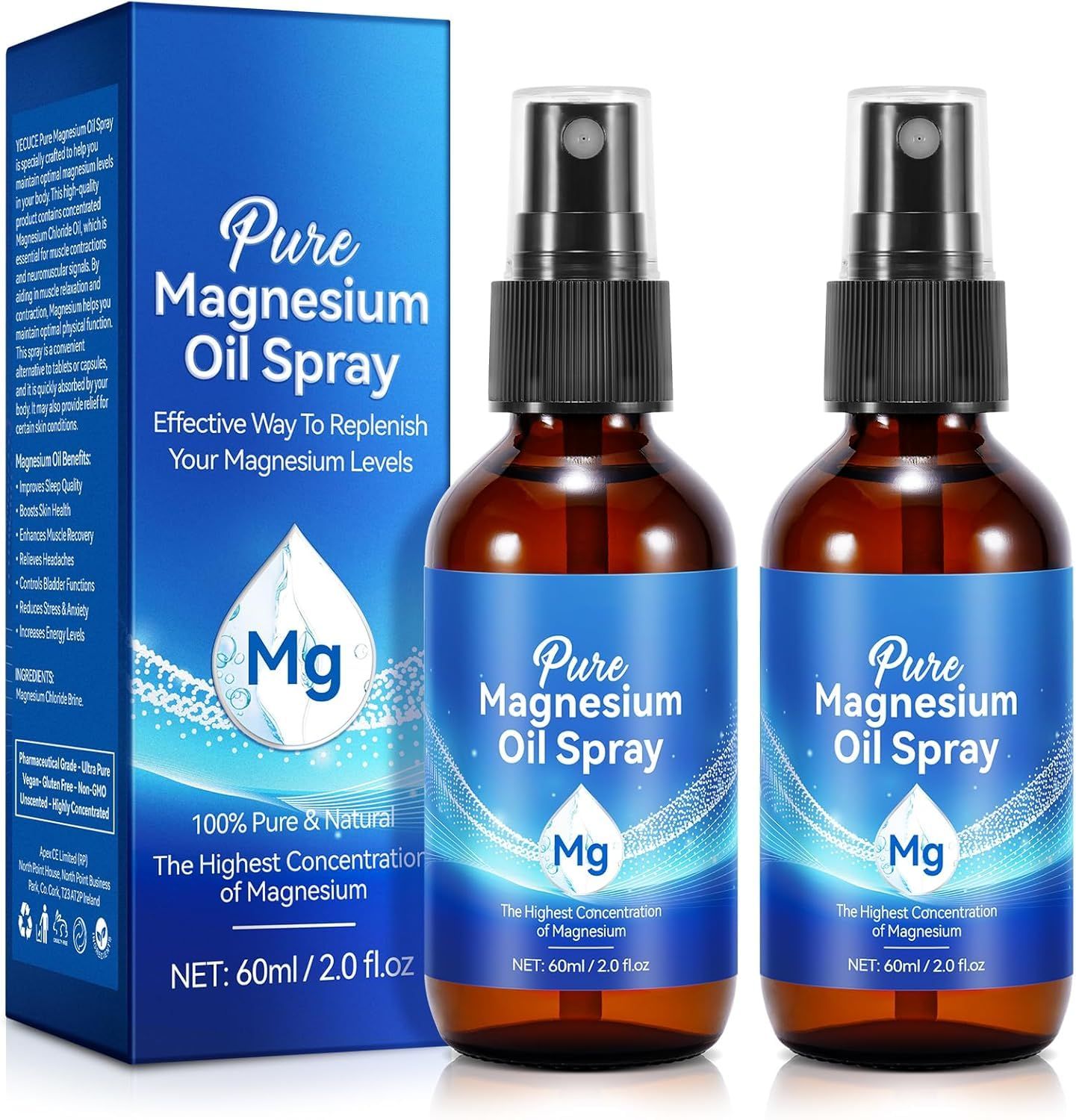 2 Packs Magnesium Spray, Pure Magnesium Oil Spray Magnesium Oil for Feet, Natural Topical Magnesium Spray for Body Health,Easy to Absorb and Use,Hair Smooth,Soothing,Relax for Sleep Muscle 4 Fl.Oz