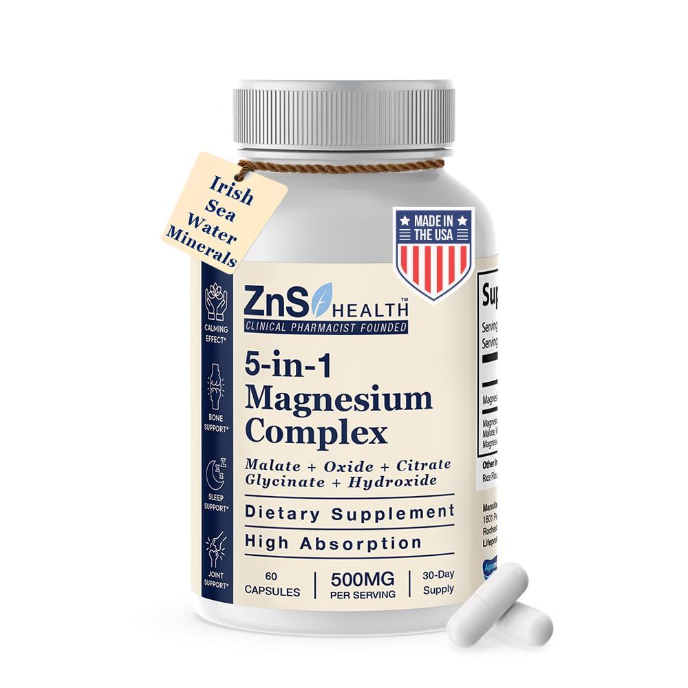 5-in-1 Magnesium Complex Magnesium Glycinate from ZnS Health, Malate, Citrate, Oxide, Hydroxide for Energy, Nerves, Muscles, Sleep, Joints, High Absorption 500 mg 60 Capsules Vegan Non-GMO