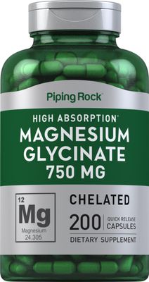 Piping Rock Magnesium Glycinate 750mg 200 Capsules High Absorption Chelated Non-GMO and Gluten Free Supplement