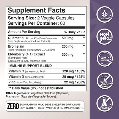 Gade Nutrition Quercetin with Bromelain Elderberry Quercetin with Vitamin C and Zinc Zinc Quercetin 500mg with Vitamin D3 Daily Immune Support Supplement - 2 Months Supply