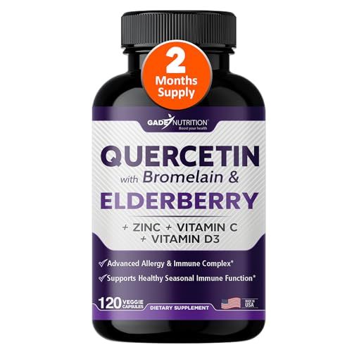 Gade Nutrition Quercetin with Bromelain Elderberry Quercetin with Vitamin C and Zinc Zinc Quercetin 500mg with Vitamin D3 Daily Immune Support Supplement - 2 Months Supply