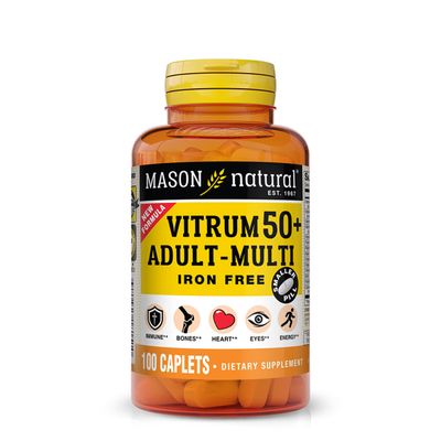 MASON NATURAL Vitrum 50 Adult-Multi, Iron Free - Vitamins A C D E K B, Folate, Calcium, Iron, Zinc, Potassium, Magnesium, 100 Tablets