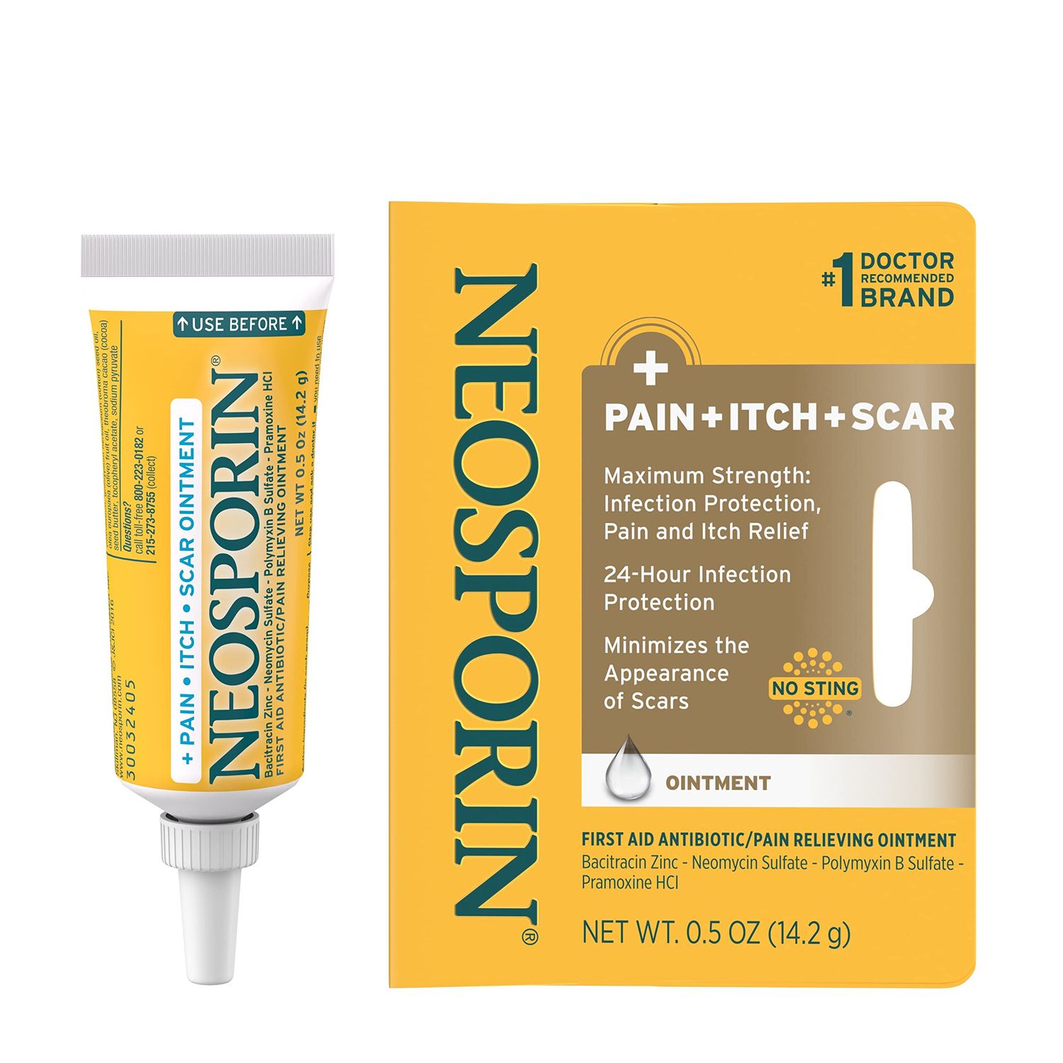 Neosporin Antibiotic Pain-Relieving, Anti-Itch, Scar Appearance Minimizer Ointment with Neomycin Bacitracin Zinc, 24-Hour Infection Protection for Minor Cuts, Scrapes Burns,.5 oz