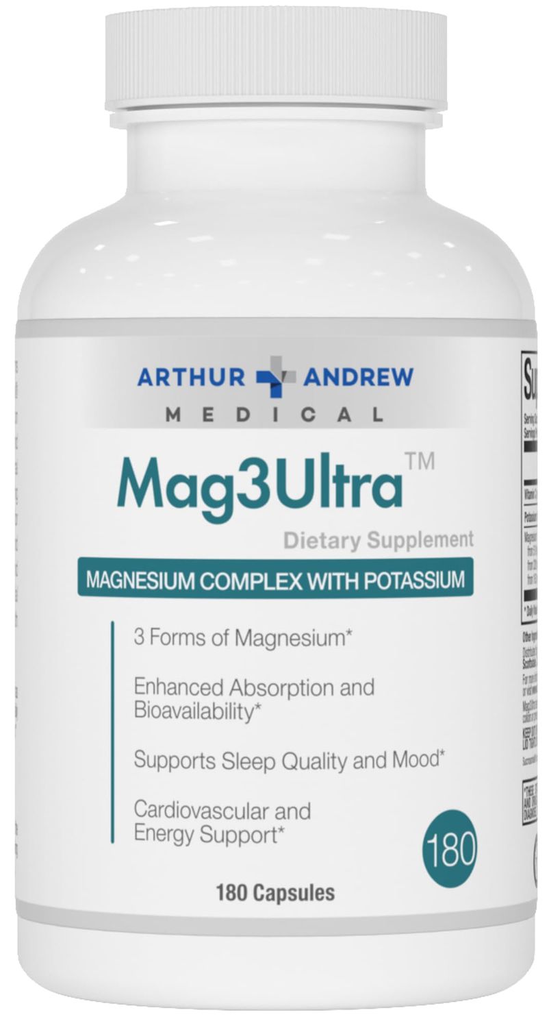 Arthur Andrew Medical, Mag3Ultra Triple Magnesium Supplement, Sucrosomial, Bisglycinate, Taurate for Muscle, Stress, Mood, Nerve, Bone Heart Support, 180 Capsules