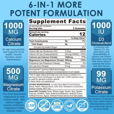 Sugar Free Calcium Citrate Gummies 1000mg with Vitamin D3, Ultimate Absorption Calcium Supplement for Women Men, Plus Magnesium, Potassium, Zinc, B6 for Bones, Muscle Immune Health, 2Pack