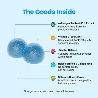 One Ummah Halal Certified Ashwagandha Gummies with Vitamin D Zinc - Calm Collected - Vegan, Easy Digestion, High Absorption - 60 ct