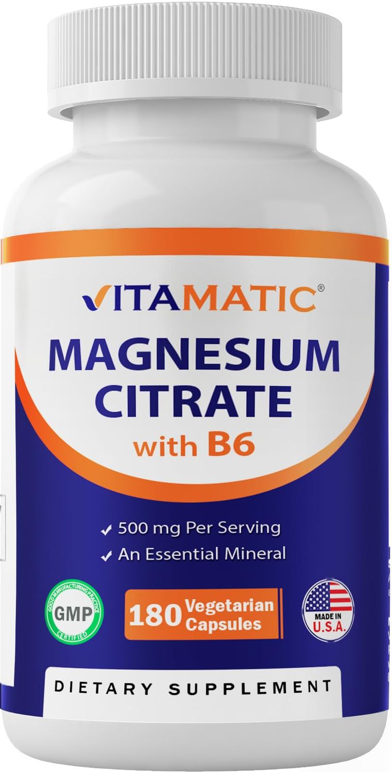 Vitamatic Magnesium Citrate 500mg per Serving - 180 Vegetarian Capsules (Provides 150 mg of Elemental Magnesium) - Added B6 for Maximum Absorption - Supports Muscle, Joint, and Heart Health