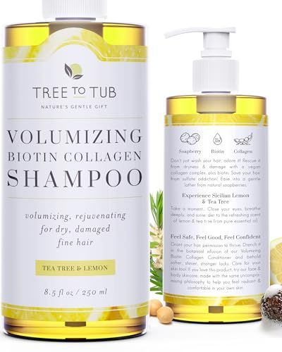 Tree to Tub Volumizing Hair Thickening Shampoo - Biotin, Collagen, Sulfate-Free Argan Oil Shampoo with Wild Soapberries and Sicilian Lemon Tea Tree Oil for Women Men