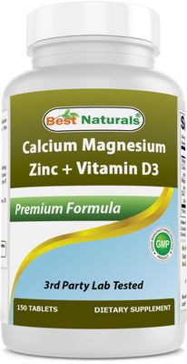 Best Naturals Calcium Magnesium Zinc with Vitamin D3, 150 Tablets - Calcium 1000 mg, Magnesium 400 mg, Zinc 25 mg D3 600 IU per Serving (3 Tablets)
