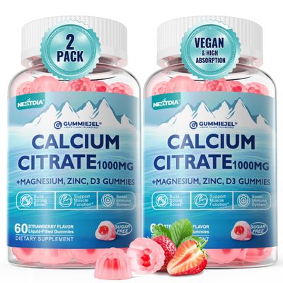 Sugar Free Calcium Citrate Gummies 1000mg with Vitamin D3, Ultimate Absorption Calcium Supplement for Women Men, Plus Magnesium, Potassium, Zinc, B6 for Bones, Muscle Immune Health, 2Pack