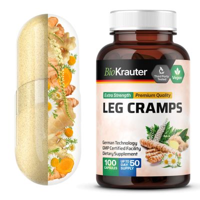 BIO KRAUTER Leg Cramps Capsules with Magnesium - 1200 mg Blend - 100 Vegan Caps - Turmeric Ginger for Leg Cramps - Natural Formula Without Quinine