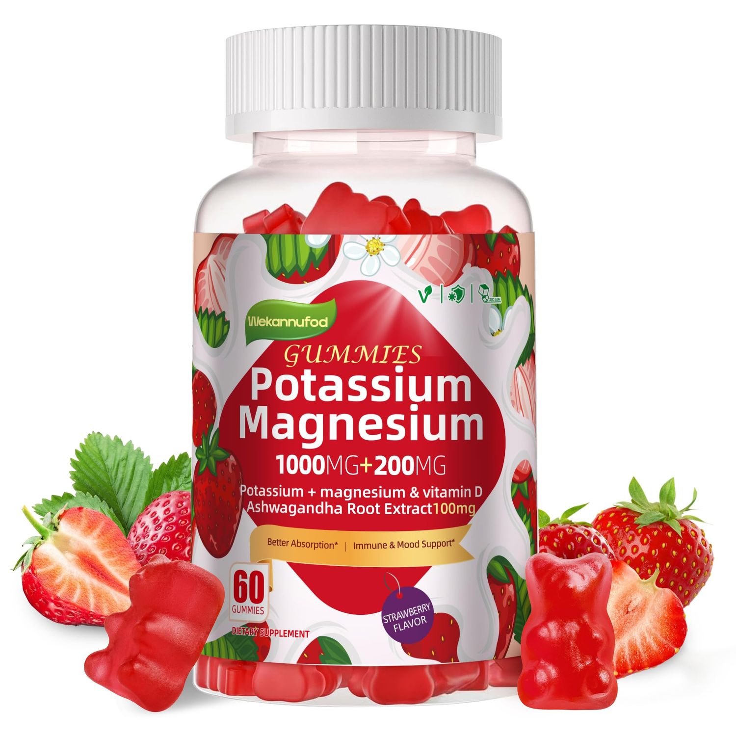 Potassium Magnesium Gummies,High Absorption Magnesium Glycinate,B6,D3,Potassium Citrate for Leg Cramps,Muscle,Electroyte for Adults Kids,Sugar-Free, 60 Gummies (Strawberry Flavor)