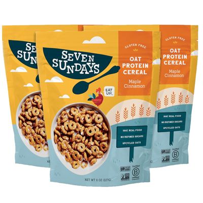 Seven Sundays Oat Protein Cereal, Maple Cinnamon, 8 Oz Bag (Pack of 3), Gluten Free, 5g Upcycled Protein, 0g Refined Sugar, Crunchy Sweet Snack