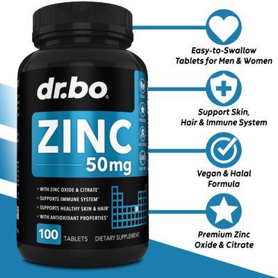 Zinc Supplements 50mg Tablets Supplement - Natural Pure Zinc 50mg Oxide Citrate Capsules Mineral Pills - Vitamin Support Energy Hair Skin Acne Vegan Vitamins for Men Women - 100 Tablets for Adults