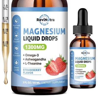 Triple Magnesium Complex Liquid Drops, 1300mg Magnesium Glycinate, Taurate Citrate with Omega3, L-Theanine, Ashwagandha, Potassium, D3, B6, B12 for Calm, Sleep, Muscle, Strawberry Flavor, 2 Fl OZ