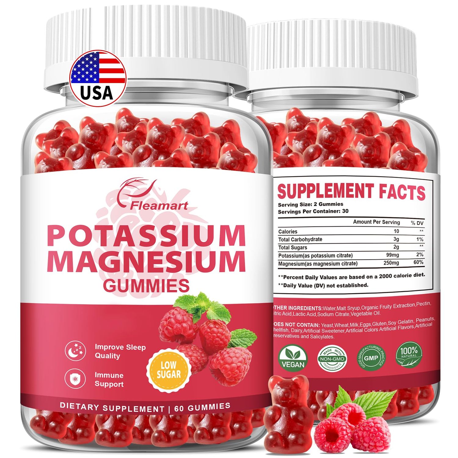 Potassium Magnesium Gummies Potassium Citrate 99mg Magnesium Citrate 250mg Magnesium Potassium Complex Supplement, Immune Support, 60 Raspberry Gummies