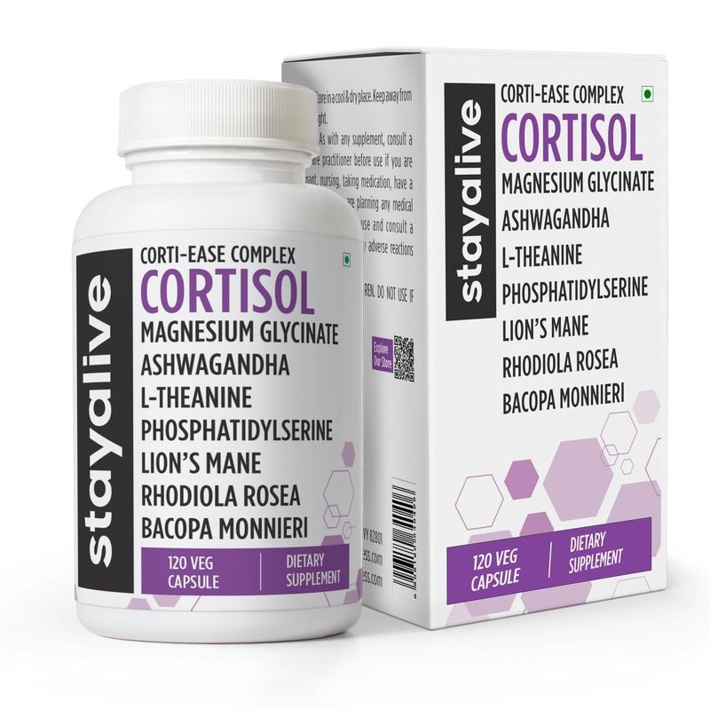 STAY ALIVE Cortisol Manager Supplement 15-in-1 Complex wL-Theanine, Ashwagandha, Magnesium Glycinate, Phosphatidylserine and More, 120 Veg Capsules, Non-GMO Gluten-Free Formula for Women and Men