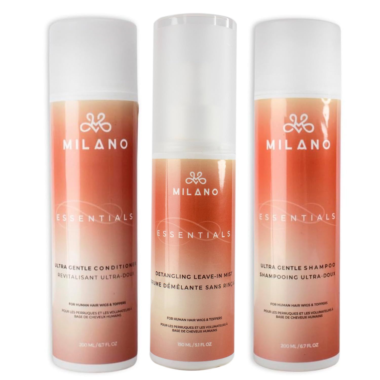 Milano Collection Essentials Gentle Bundle, Regular Care Kit for Natural Hair Human Hair Wigs Toppers, Ultra Gentle Hair Shampoo, Conditioner Leave-In Detangler Mist for Women, 3 Pack