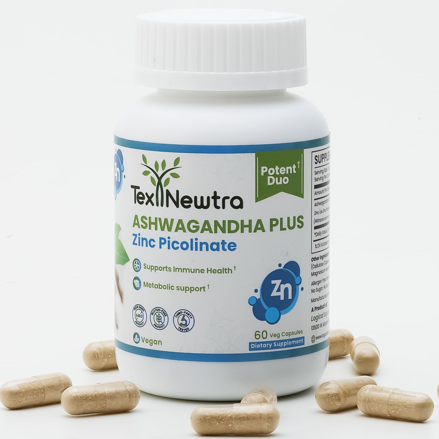 Ashwagandha with Zinc Picolinate Capsule. High Strength 300mg Ashwagandha Root Extract with 15mg Zinc per capsule. Ashwagandha supplement Supports Immune Health, stress Relief, Mood Energy.