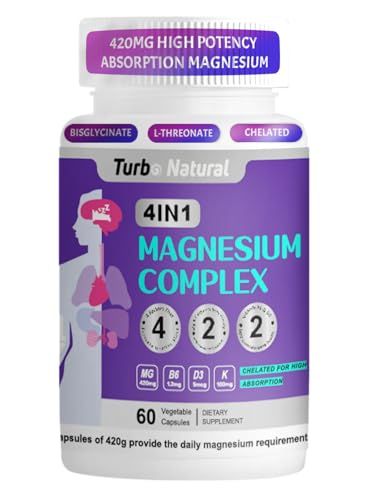 420 Mg Magnesium Bisglycinate L-Threonate Amino Acid Chelated Supplement with Vitamin and Potassium High Absorption Formula for Muscle Relaxation Bone Joint Support Magnesium Complex Capsules(60)