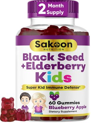 Elderberry Black Seed Oil Gummies for Kids, Immune Support, with Vitamin C and Zinc, Delicious Berry Flavor, 60 Gummies